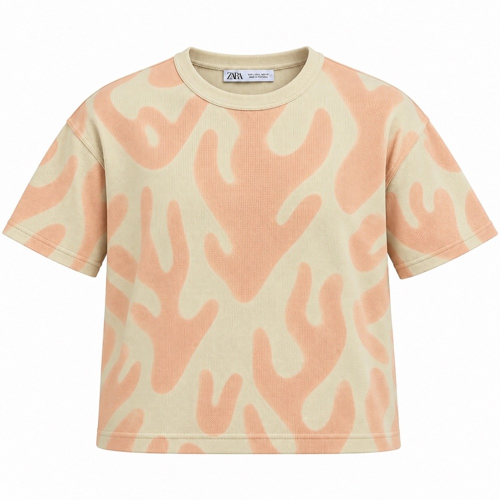 Zara Men's Large Abstract Print Waffle Knit T Shirt Peach Yellow Boxy Cotton